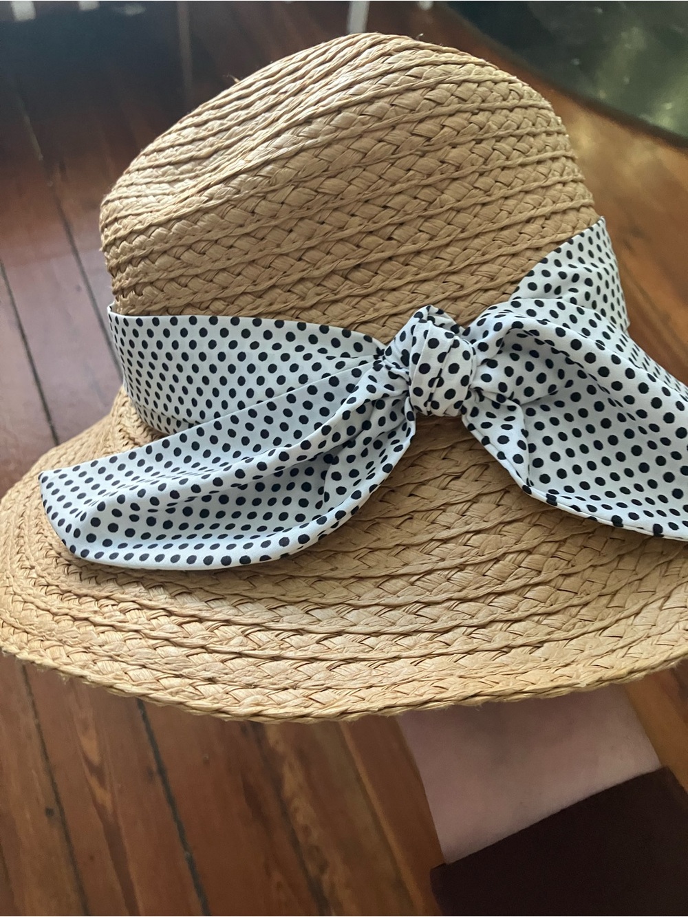 Hat Attack women's tan straw paper polka dot ribbon bow sun hat